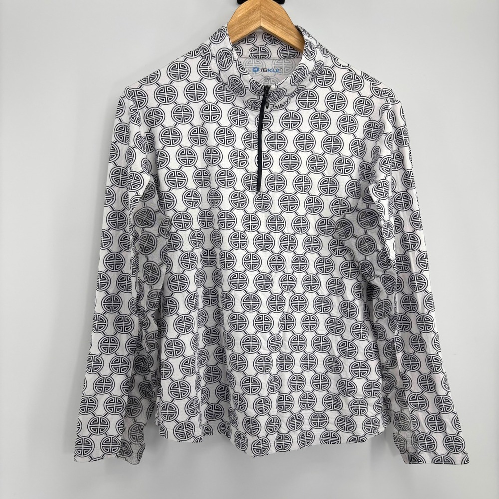 IBKUL Women XL IceFil Geometric Medallion 1/4 Zip Sun Shirt UPF 50 Black White